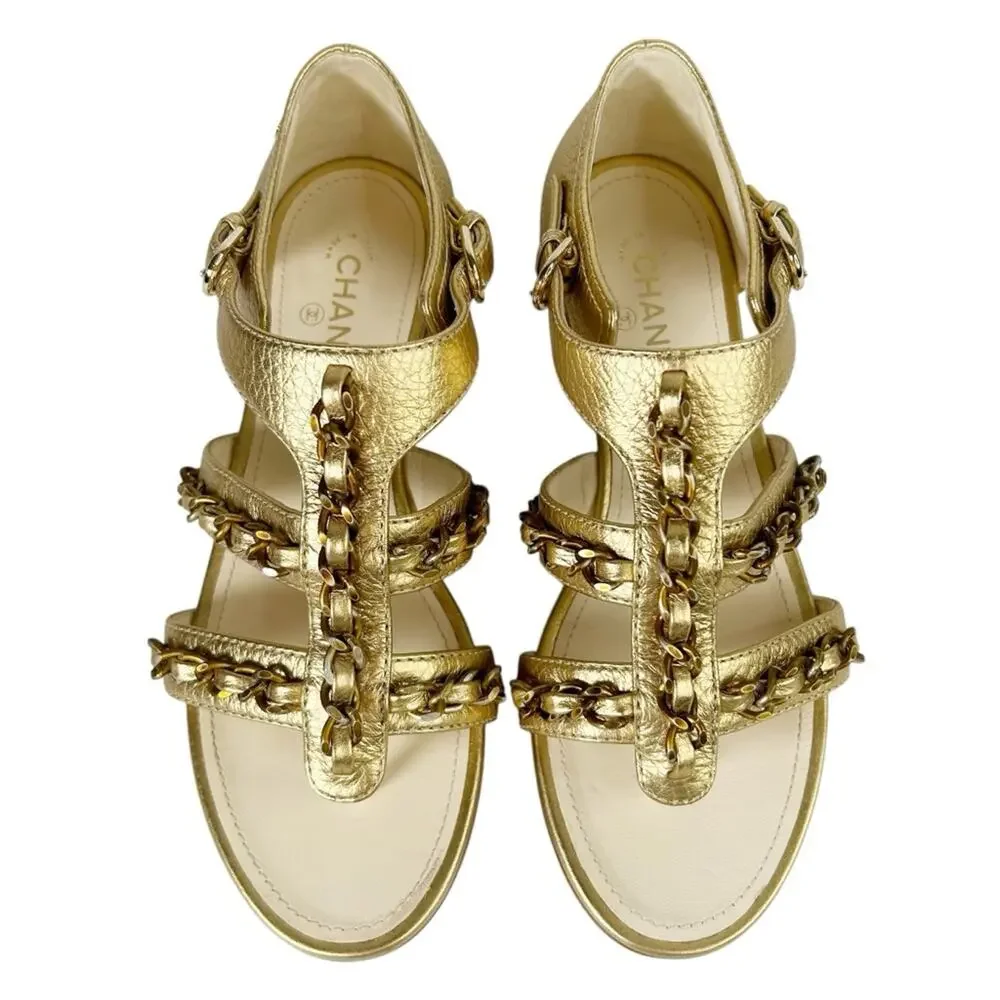 CHANEL Gold Metallic Leather Chain Accent Interlocking CC Flat Sandals